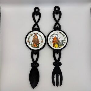 Vintage Cast Metal and Ceramic Tile Spoon and Fork Kitchen Decor. Coffee and Tea